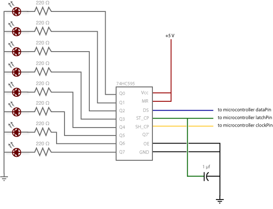 Схема подключения светодиодов к Arduino через регистр 74HC595