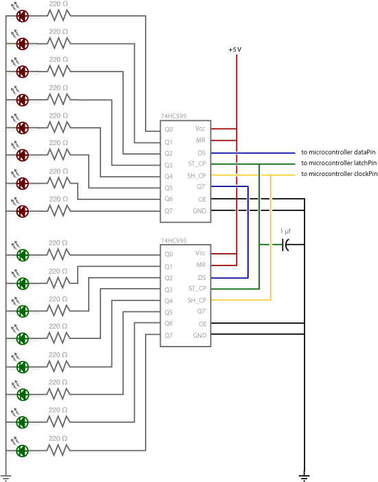 схема подключения каскада из двух сдвиговых регистров к Arduino